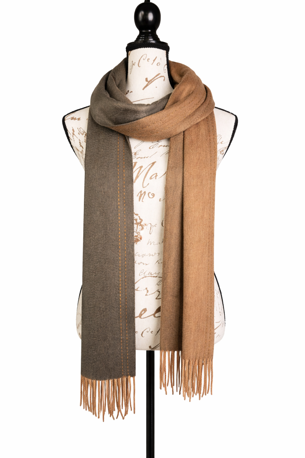 Sciarpa 100% Cashmere bicolore beige e marrone – Reversibile con frange, ultima