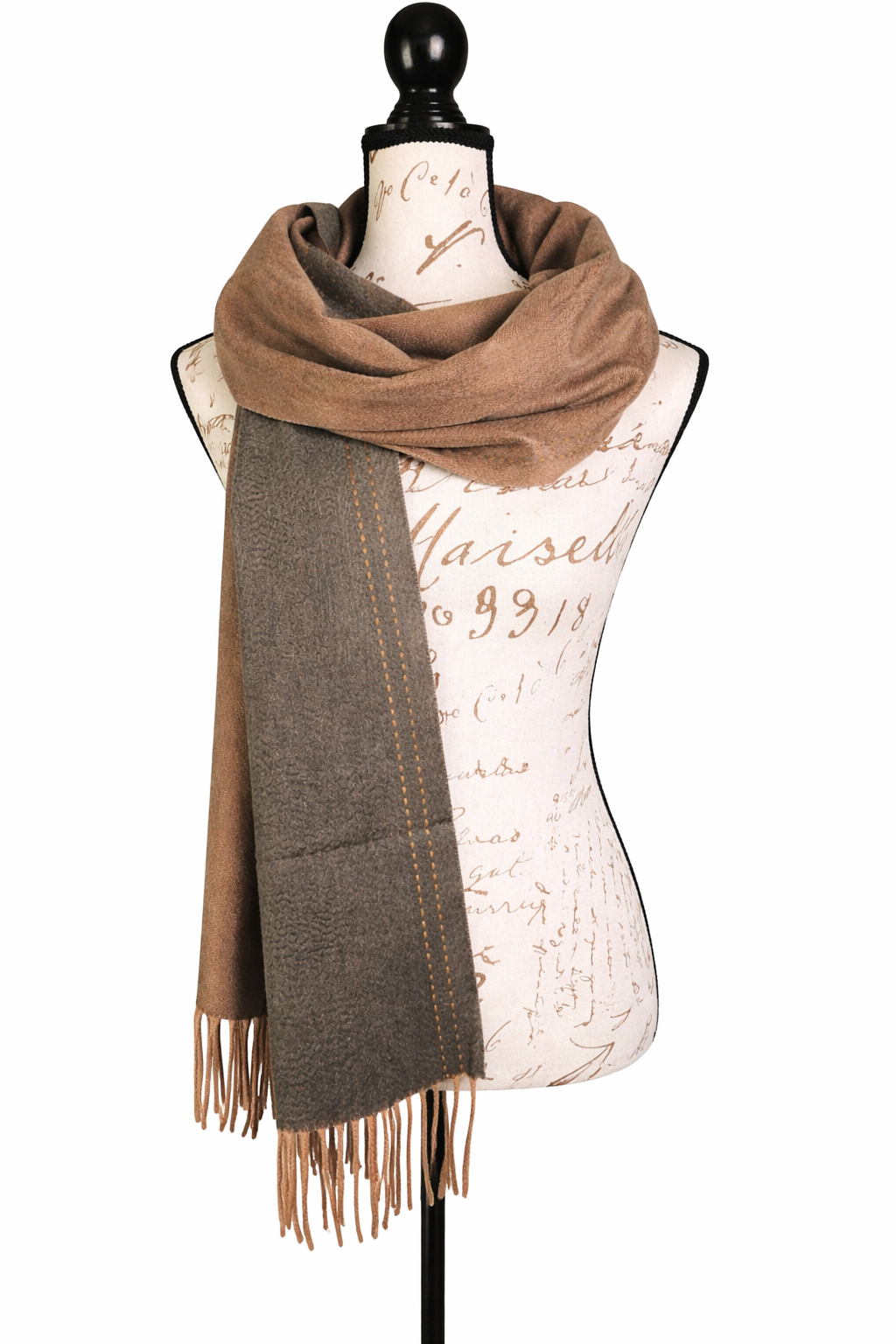 Sciarpa 100% Cashmere bicolore beige e marrone – Reversibile con frange, ultima