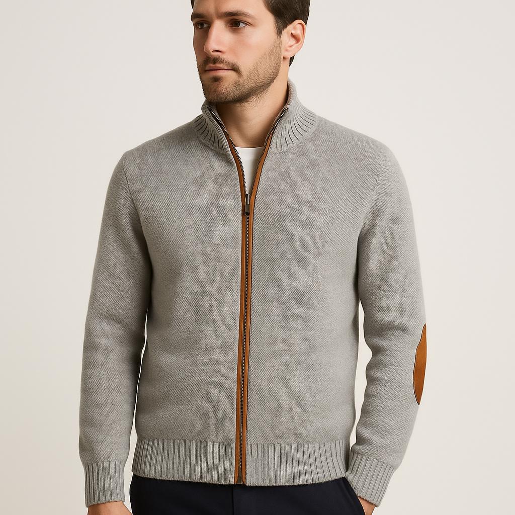 Cardigan in Puro Cashmere Inner Mongolia 100% con Zip e Toppe in Pelle - ultimi rimasti Taglia L