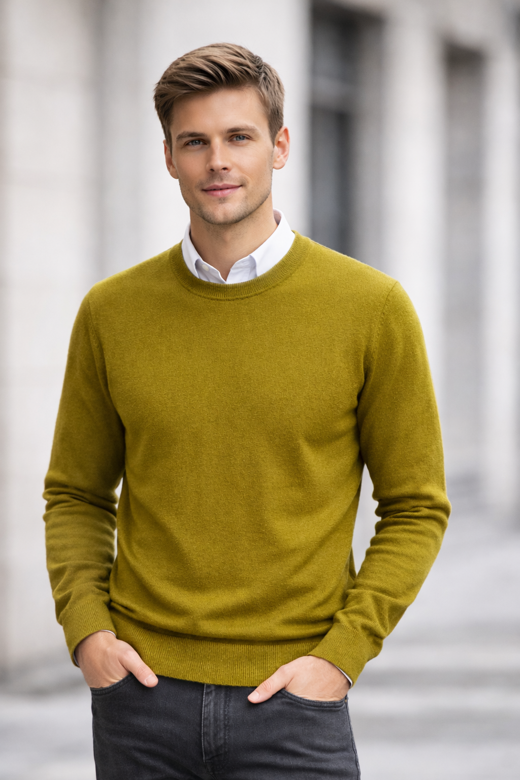 Maglione girocollo in 100% Cashmere della Mongolia, ultimi disponibili, Verde Muschio taglia M