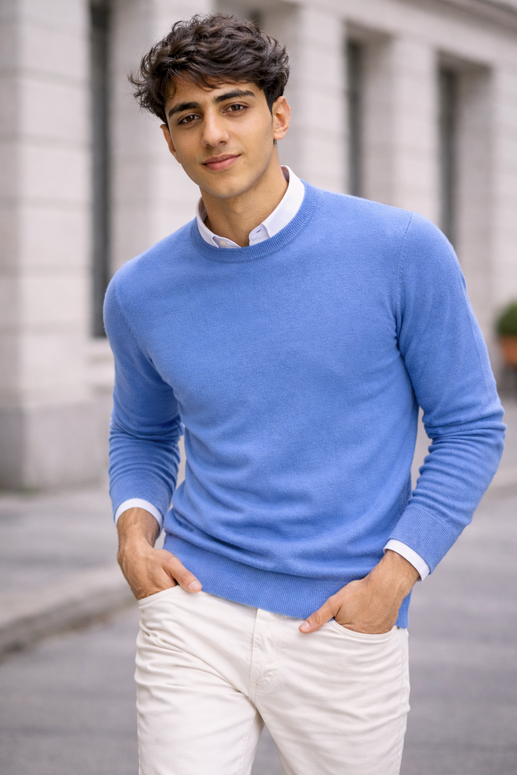 Maglione girocollo in 100% Cashmere della Mongolia,  Azzurro Cielo, taglia M