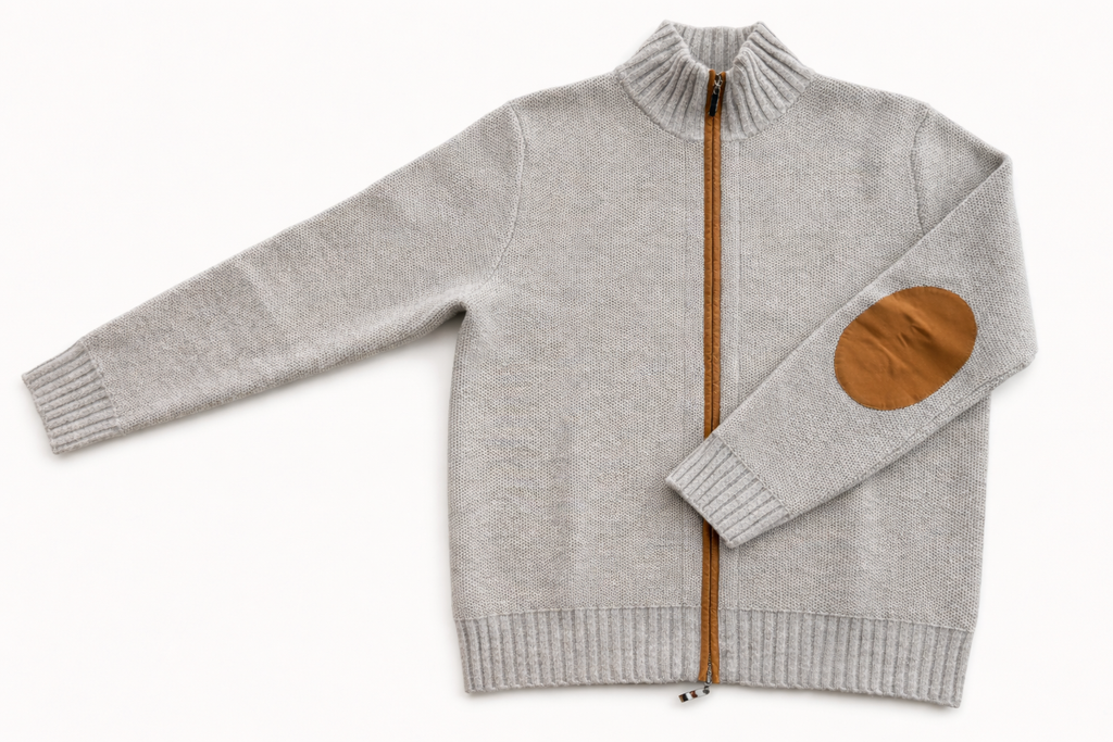 Cardigan in Puro Cashmere Inner Mongolia 100% con Zip e Toppe in Pelle - ultimi rimasti Taglia L